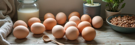 Brown eggs and almonds on wooden table with milk and plants in natural light. That the image is generated using AI.の素材