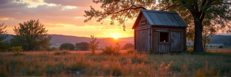 Rustic wooden shed at sunset in peaceful countryside landscape. That the image is generated using AI.の素材