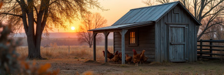 Rustic barn at sunset with chickens and warm light. That the image is generated using AI.の素材