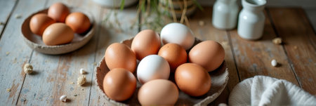 Assorted brown and white eggs on rustic wooden table. That the image is generated using AI.の素材