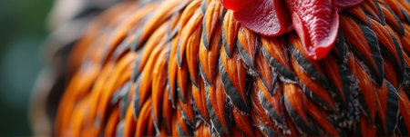 Close-up of vibrant orange and black rooster feathers with red comb. That the image is generated using AI.の素材
