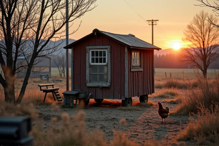 Cozy rustic shed at sunrise with rooster in countryside landscape. That the image is generated using AI.の素材