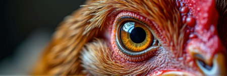 Close-up of a chicken's eye with detailed feather texture. That the image is generated using AI.の素材