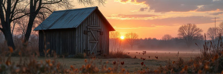 Rustic barn at sunrise with chickens in misty countryside landscape. That the image is generated using AI.の素材