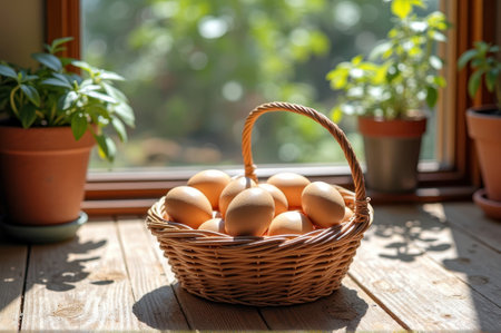 Basket of fresh brown eggs on sunlit wooden table near window with green plants. That the image is generated using AI.の素材