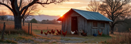 Idyllic sunrise at countryside chicken coop with roaming hens in rustic farm setting. That the image is generated using AI.の素材