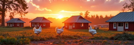 Chickens roaming at sunrise on a peaceful farm with red barns. That the image is generated using AI.の素材