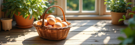 Fresh eggs in basket on sunny windowsill with potted plants. That the image is generated using AI.の素材