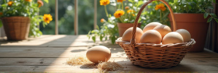Sunny balcony with basket of eggs and vibrant flowers on wooden deck. That the image is generated using AI.の素材
