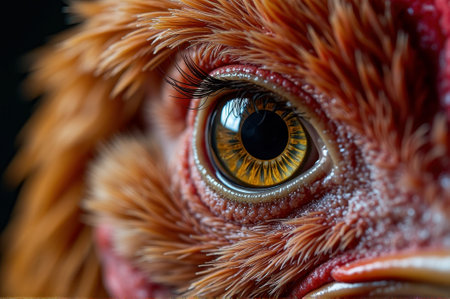 Close-up of a chicken eye with detailed feathers and vibrant colors. That the image is generated using AI.の素材
