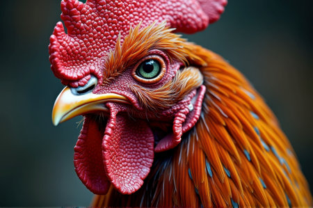 Close-up of vibrant rooster with striking red comb and detailed feathers. That the image is generated using AI.の素材