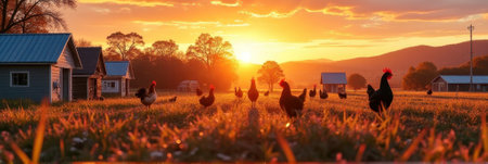Chickens roaming at sunrise on a rural farm with scenic landscape. That the image is generated using AI.の素材