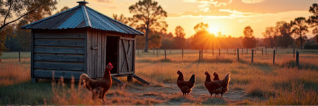 Sunset on rustic farm with chickens and wooden coop. That the image is generated using AI.の素材