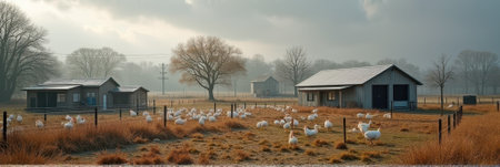 Serene rural farm landscape with geese and barns on a cloudy day. That the image is generated using AI.の素材