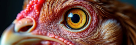 Close-up of chicken eye with detailed feathers and textured skin. That the image is generated using AI.の素材