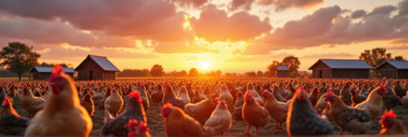 Rural farm sunset with flock of chickens near barns and trees in tranquil landscape. That the image is generated using AI.の素材