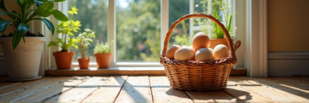 Sunlit eggs in woven basket on wooden floor by window with potted plants. That the image is generated using AI.の素材