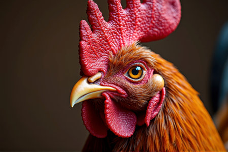 Close-up portrait of a vibrant rooster with striking red comb. That the image is generated using AI.の素材