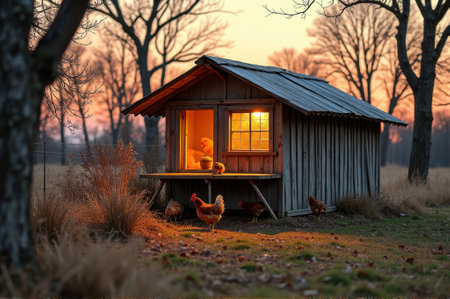 Cozy chicken coop at sunset with roaming chickens in rural landscape. That the image is generated using AI.の素材