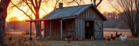 Rustic wooden barn at sunset with chickens in tranquil countryside setting. That the image is generated using AI.の素材