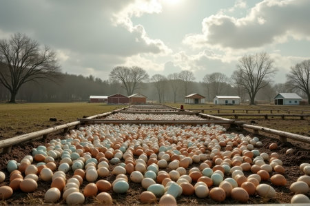 Abundant egg harvest on a farm field with barns and overcast sky. That the image is generated using AI.の素材