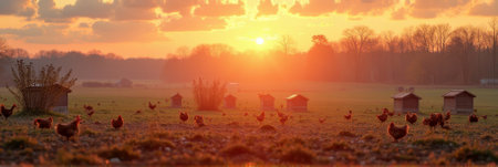 Scenic sunrise over rural farm with chickens and coops in open field. That the image is generated using AI.の素材