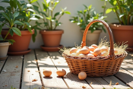 Basket of fresh eggs on sunlit wooden deck surrounded by potted plants. That the image is generated using AI.の素材