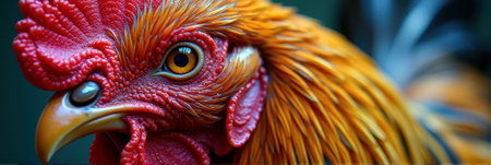 Vibrant close-up of a rooster's face with striking plumage and intense gaze. That the image is generated using AI.の素材
