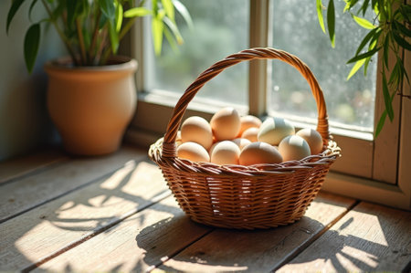 Basket of fresh eggs by sunlit window on wooden table. That the image is generated using AI.の素材