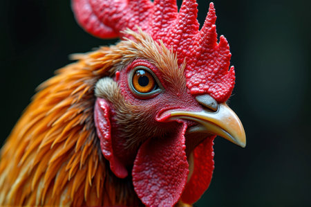 Close-up of vibrant rooster with intricate feathers and bright eyes. That the image is generated using AI.の素材