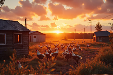 Sunset over countryside farm with roosters and hens roaming freely. That the image is generated using AI.の素材