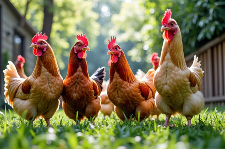 Vibrant chickens roaming outdoors in lush greenery on a sunny day. That the image is generated using AI.の素材