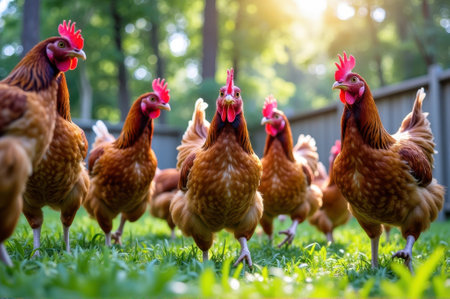 Vibrant brown chickens roaming freely in sunlit backyard farm scene. That the image is generated using AI.の素材