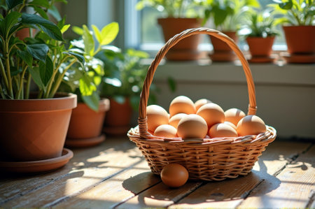 Basket of fresh eggs in sunlit kitchen with potted plants on wooden table. That the image is generated using AI.の素材