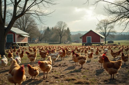 Sunny farm with numerous chickens roaming freely in a rural pasture. That the image is generated using AI.の素材