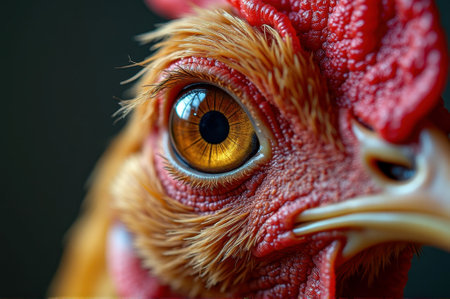 Close-up of a rooster's eye with detailed feathers and vibrant colors. That the image is generated using AI.の素材