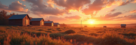 Rustic sunrise over rural countryside cabins in tranquil landscape. That the image is generated using AI.の素材