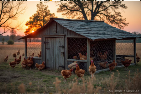 Rustic chicken coop with hens at sunset on a farm. That the image is generated using AI.の素材