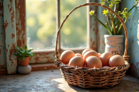 Wicker basket of fresh eggs by sunlit window with potted plants. That the image is generated using AI.の素材