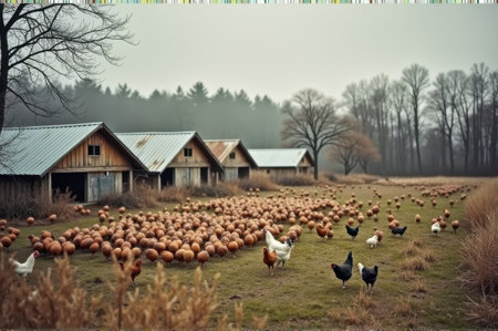 Farm scene with chickens and pumpkins in rural countryside. That the image is generated using AI.の素材
