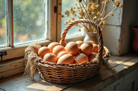 Basket of fresh brown eggs in sunny country kitchen window. That the image is generated using AI.の素材