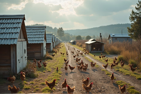 Free-range chickens roaming on a farm dirt path with wooden coops in rural countryside. That the image is generated using AI.の素材
