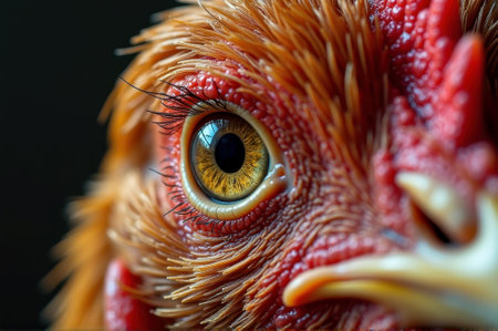 Close-up of chicken eye showcasing detailed feathers and texture. That the image is generated using AI.の素材