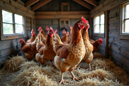 Group of chickens in cozy wooden coop with hay bedding. That the image is generated using AI.の素材