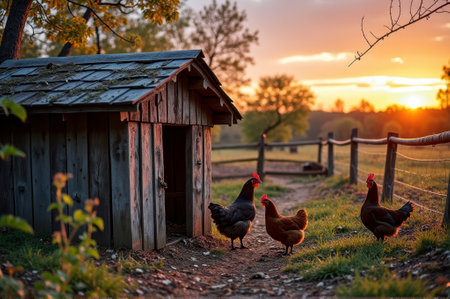 Chickens roaming near rustic coop at sunrise in countryside landscape. That the image is generated using AI.の素材