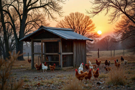 Rustic chicken coop at sunset with free-roaming chickens in tranquil countryside setting. That the image is generated using AI.の素材