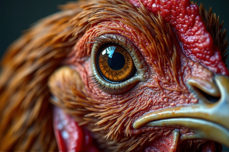 Close-up of a chicken eye and feathers with detailed texture. That the image is generated using AI.の素材
