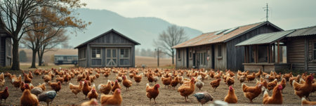 Rural farm landscape with free-range chickens roaming between rustic wooden barns. That the image is generated using AI.の素材
