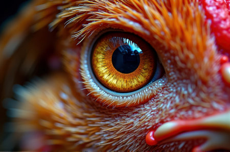 Extreme close-up of bird's eye with intricate feathers and orange plumage. That the image is generated using AI.の素材