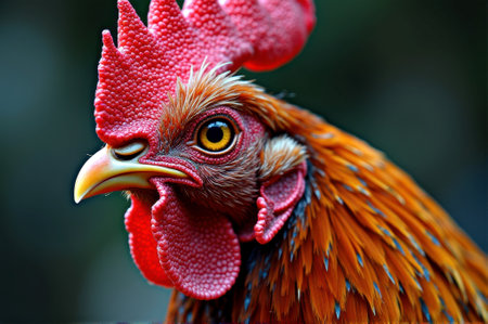 Close-up of vibrant rooster head showing colorful feathers and detailed texture. That the image is generated using AI.の素材